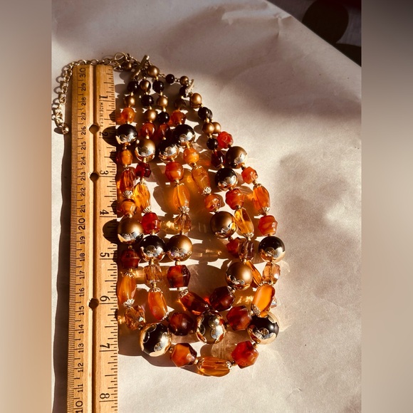 VTG Japan Glass Amber Black Fall Beaded Necklace bronze bead caps. - Picture 5 of 7